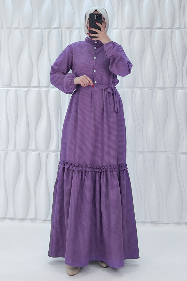 Düğmeli Fırfır Detaylı Elbise - Mor