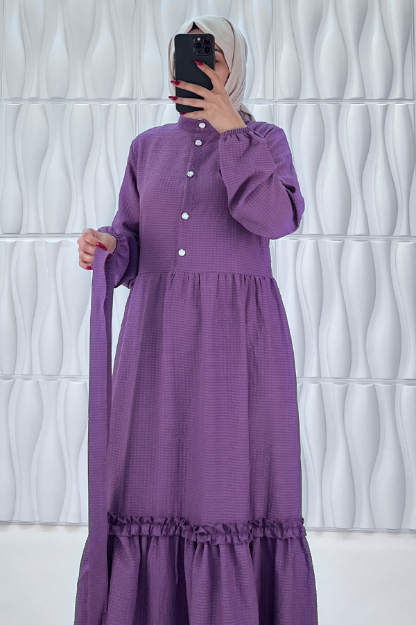 Düğmeli Fırfır Detaylı Elbise - Mor