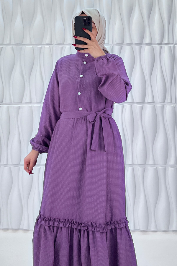 Düğmeli Fırfır Detaylı Elbise - Mor