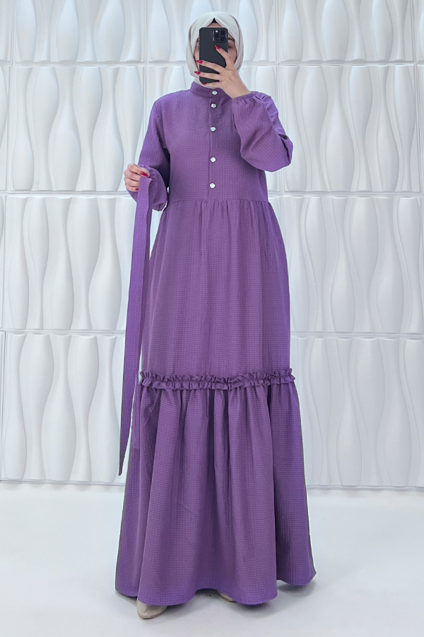 Düğmeli Fırfır Detaylı Elbise - Mor