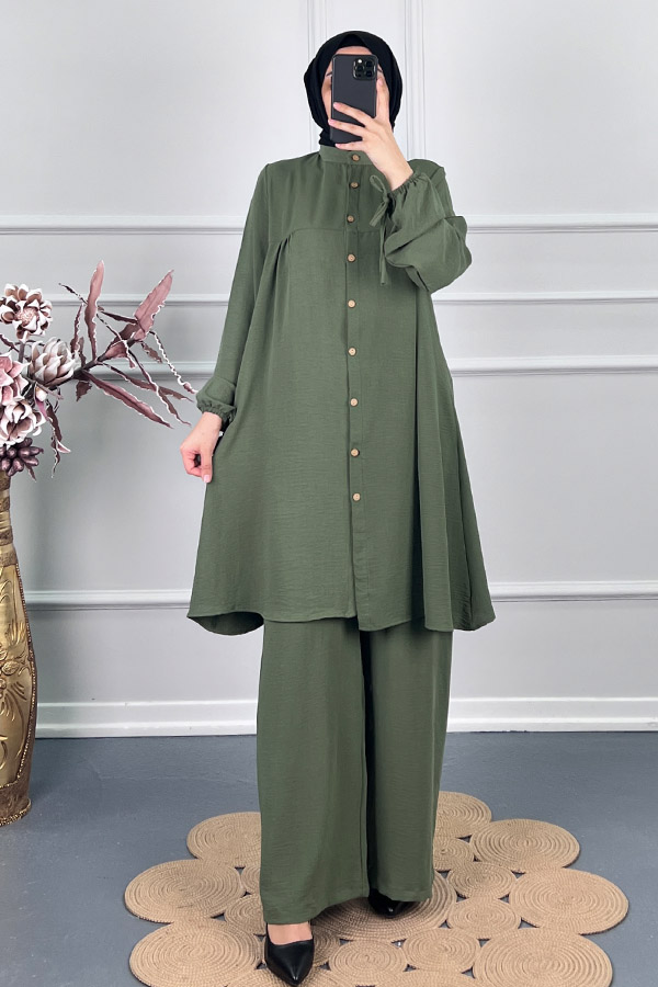 Düğmeli İkili Takim - Haki