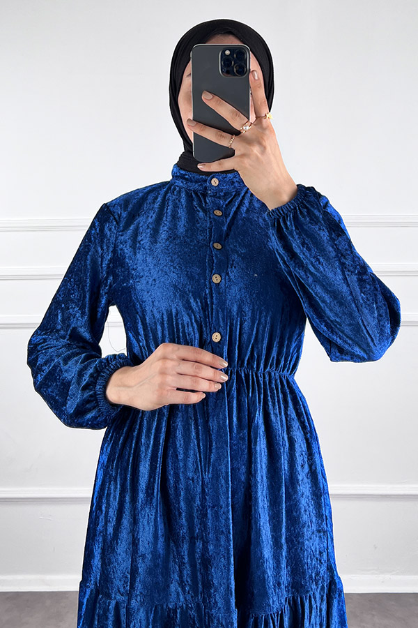 Düğmeli Kadife Elbise - Mavi Düğmeli Kadife Elbise - Mavi