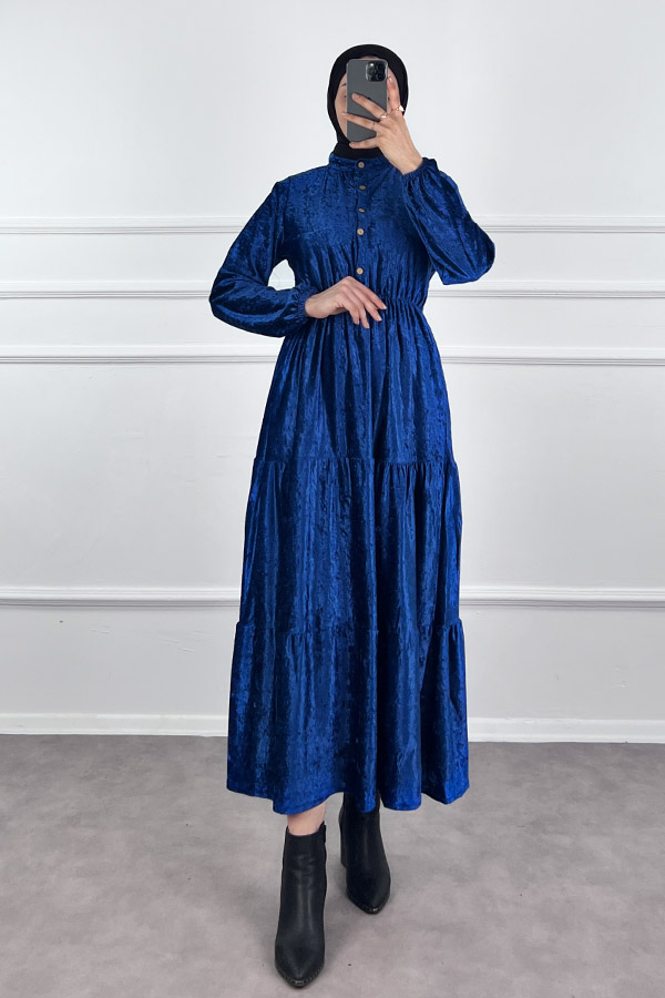 Düğmeli Kadife Elbise - Mavi Düğmeli Kadife Elbise - Mavi