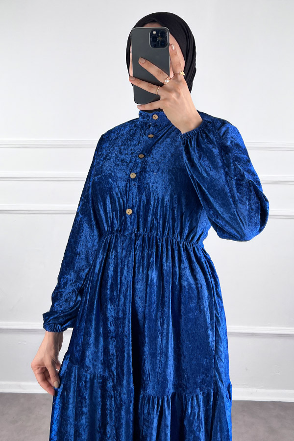 Düğmeli Kadife Elbise - Mavi Düğmeli Kadife Elbise - Mavi