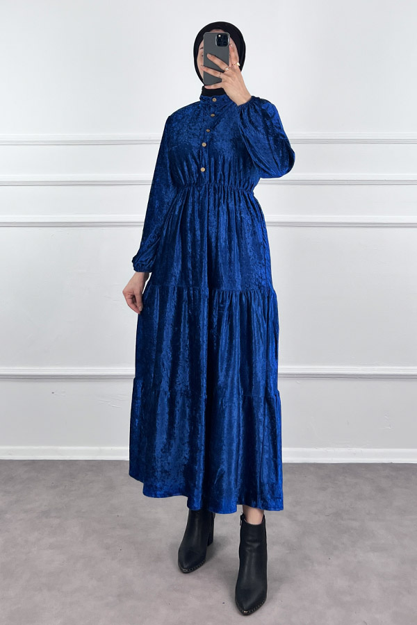 Düğmeli Kadife Elbise - Mavi Düğmeli Kadife Elbise - Mavi