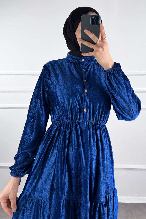 Düğmeli Kadife Elbise - Mavi Düğmeli Kadife Elbise - Mavi