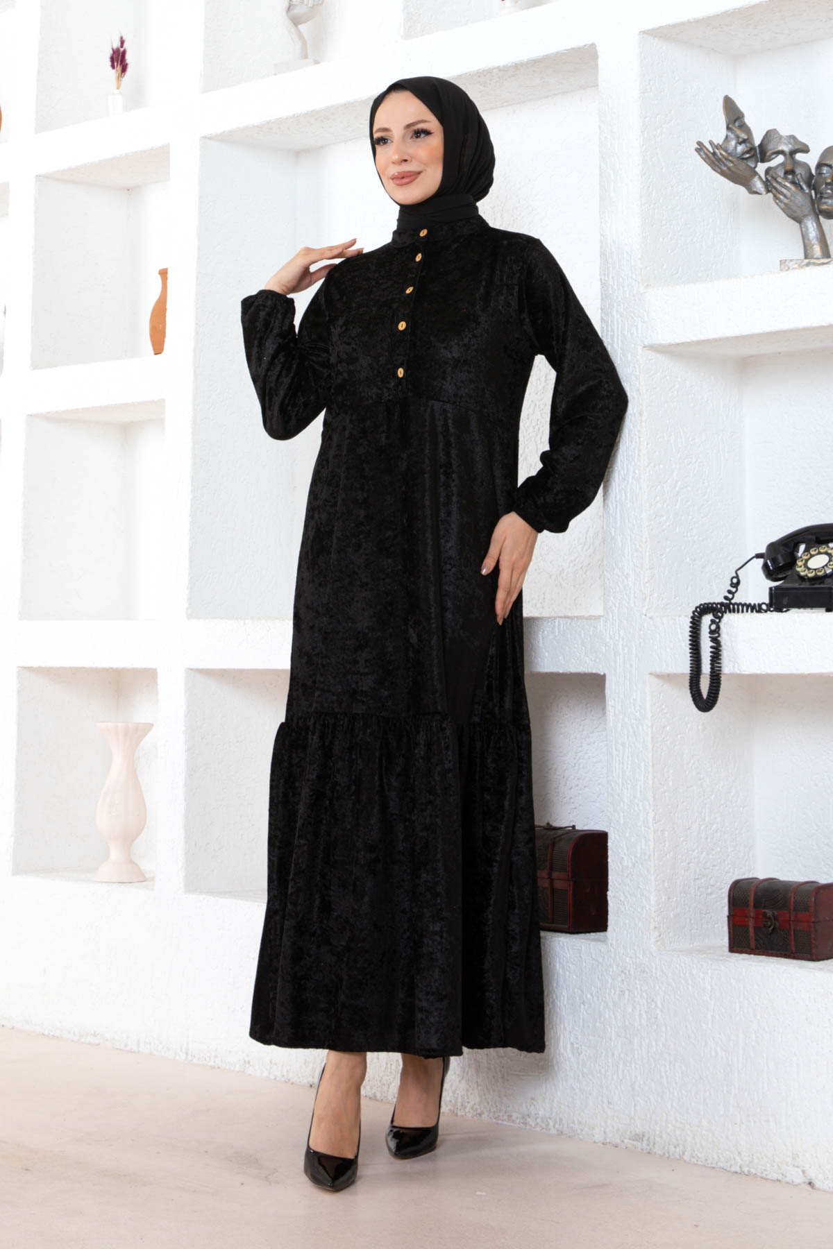 Düğmeli Kadife Elbise - Siyah Düğmeli Kadife Elbise - Siyah