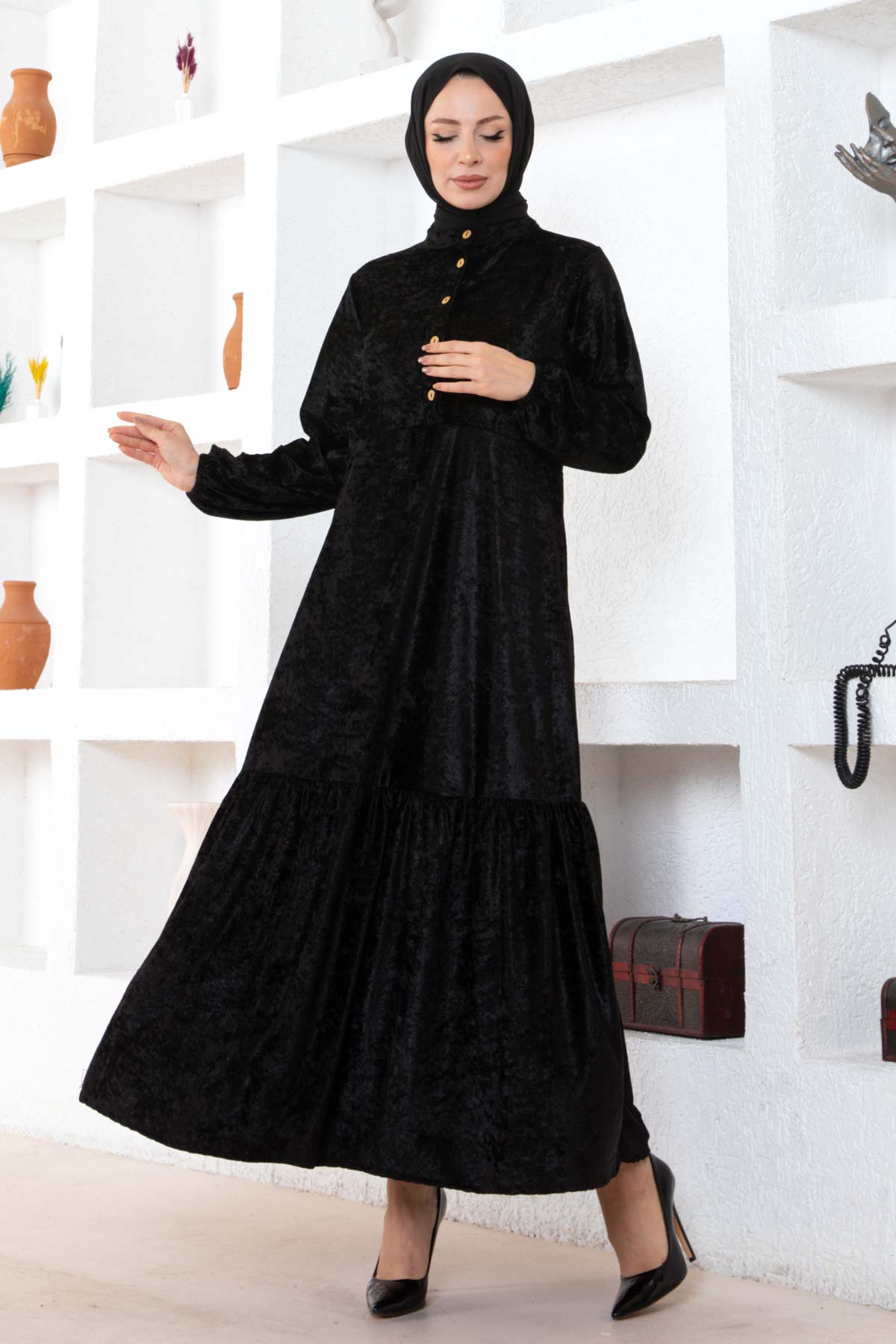 Düğmeli Kadife Elbise - Siyah Düğmeli Kadife Elbise - Siyah