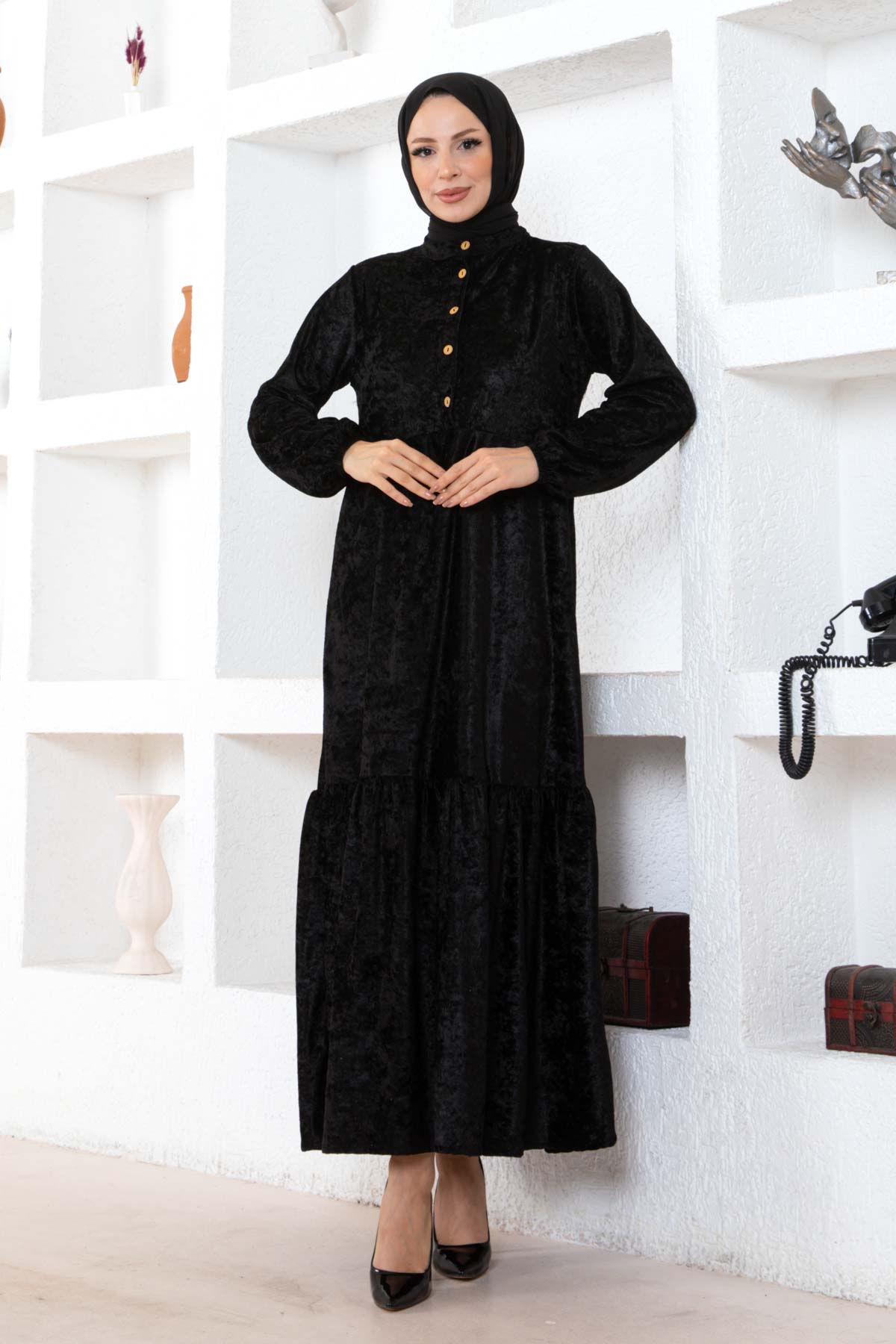 Düğmeli Kadife Elbise - Siyah Düğmeli Kadife Elbise - Siyah