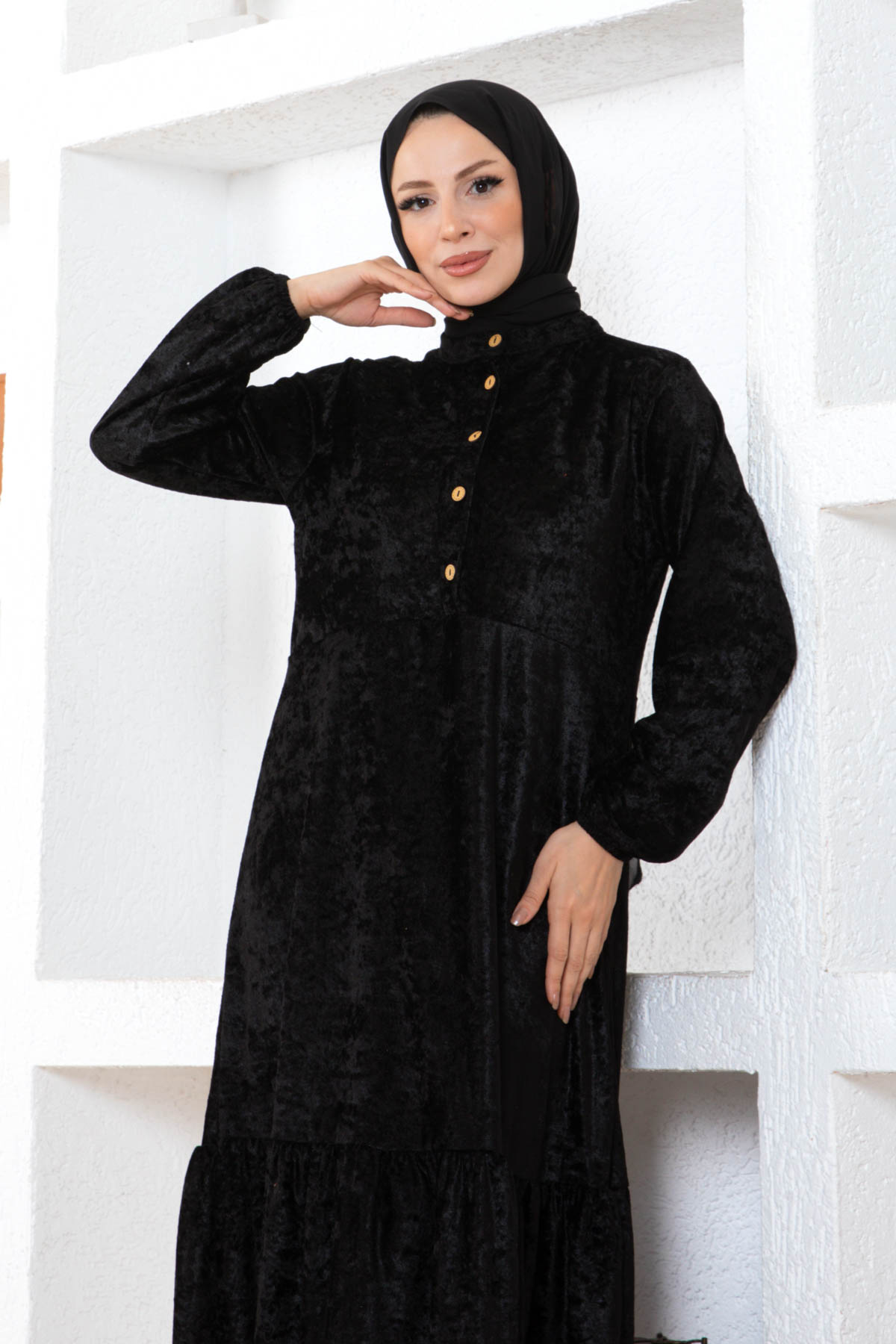 Düğmeli Kadife Elbise - Siyah Düğmeli Kadife Elbise - Siyah