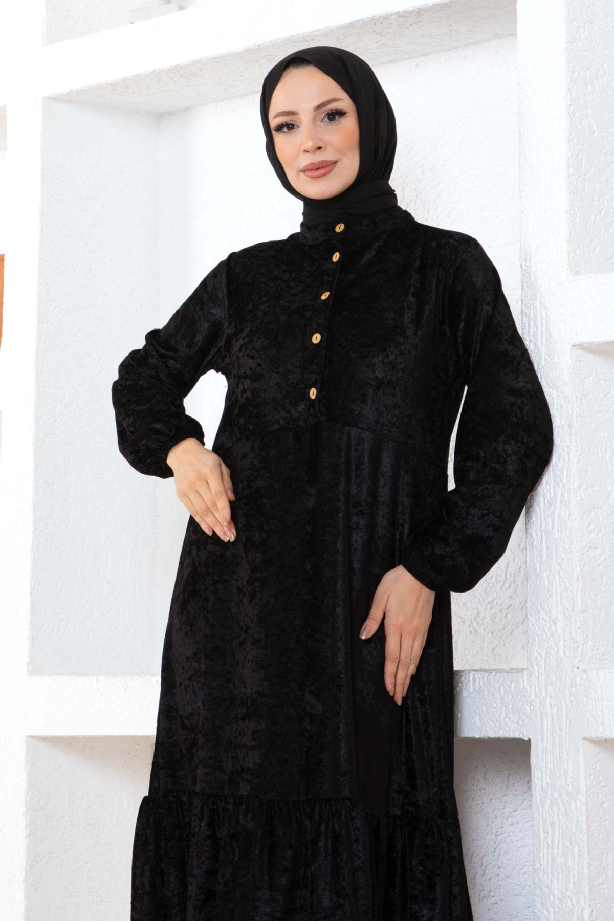 Düğmeli Kadife Elbise - Siyah Düğmeli Kadife Elbise - Siyah