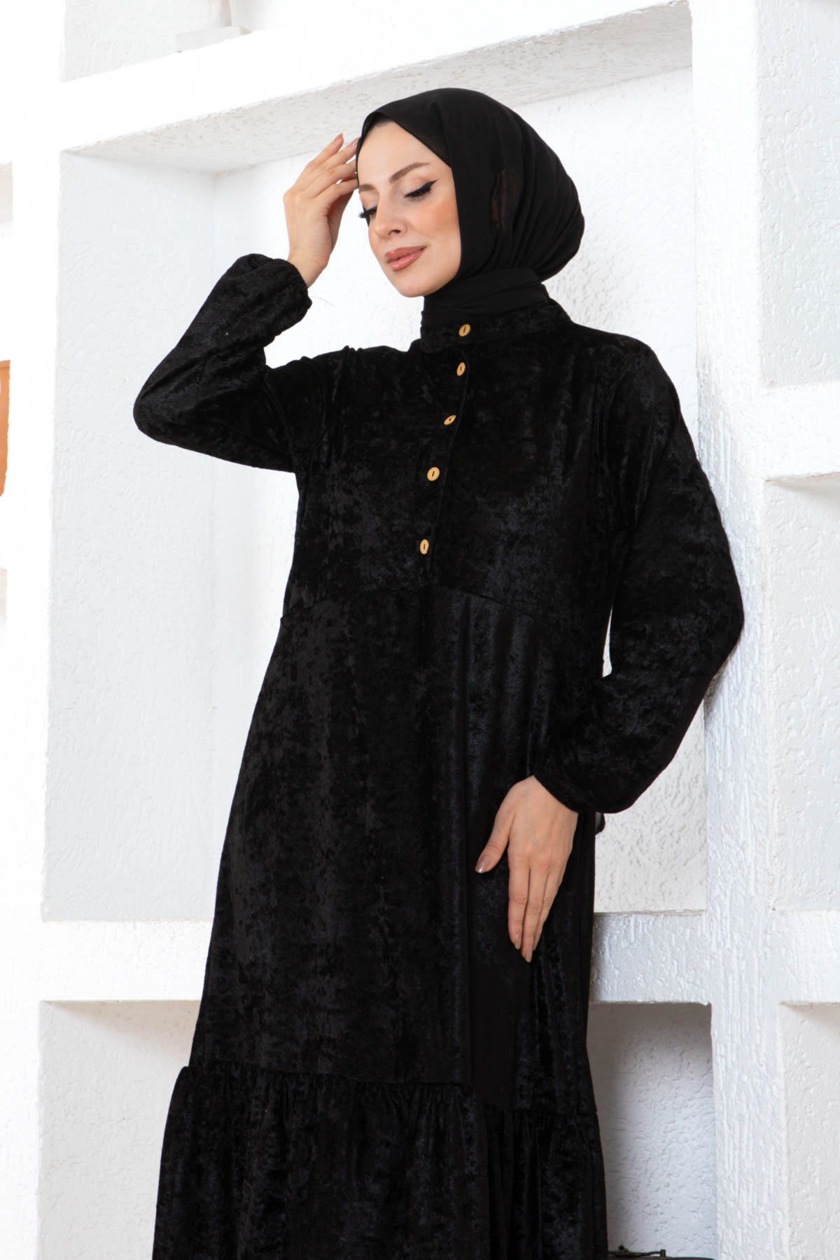 Düğmeli Kadife Elbise - Siyah Düğmeli Kadife Elbise - Siyah