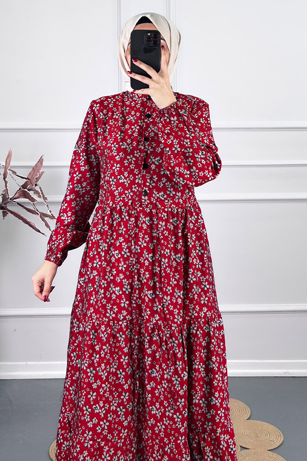 Düğmeli Kuşaklı Tensel Elbise - Kırmızı
