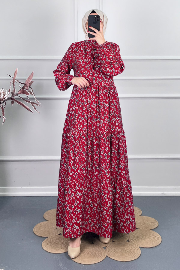 Düğmeli Kuşaklı Tensel Elbise - Kırmızı
