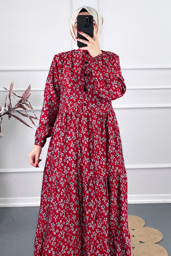 Düğmeli Kuşaklı Tensel Elbise - Kırmızı