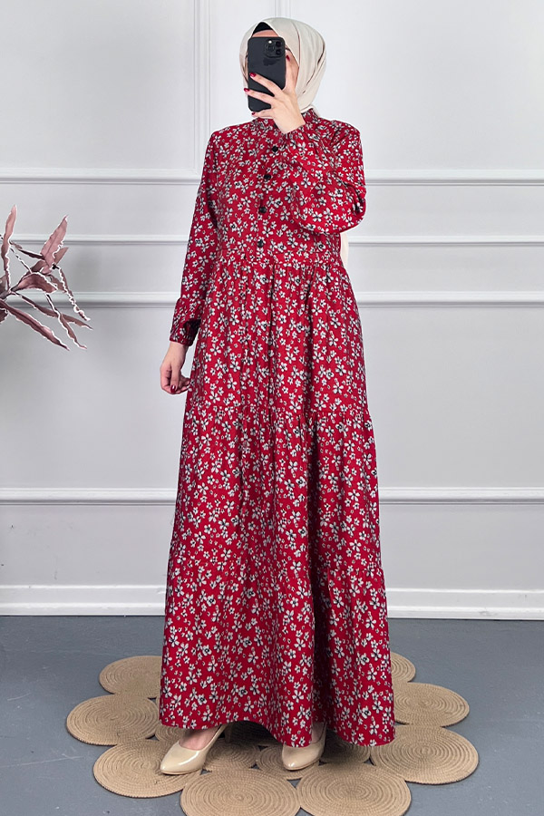 Düğmeli Kuşaklı Tensel Elbise - Kırmızı