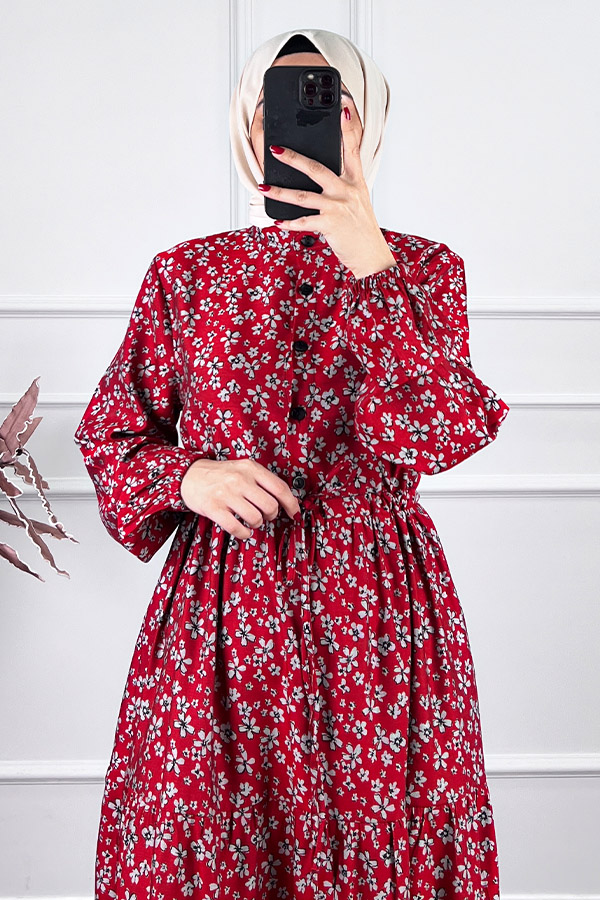 Düğmeli Kuşaklı Tensel Elbise - Kırmızı