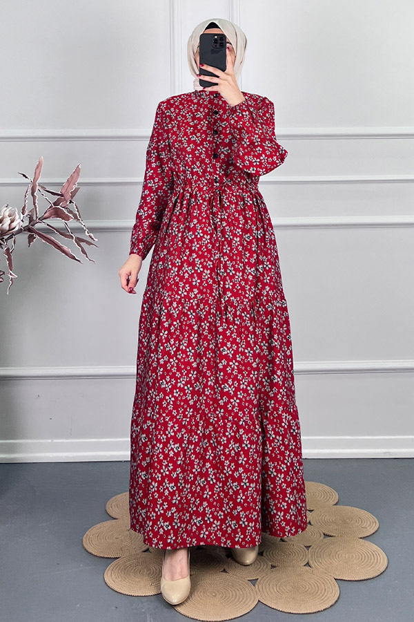 Düğmeli Kuşaklı Tensel Elbise - Kırmızı