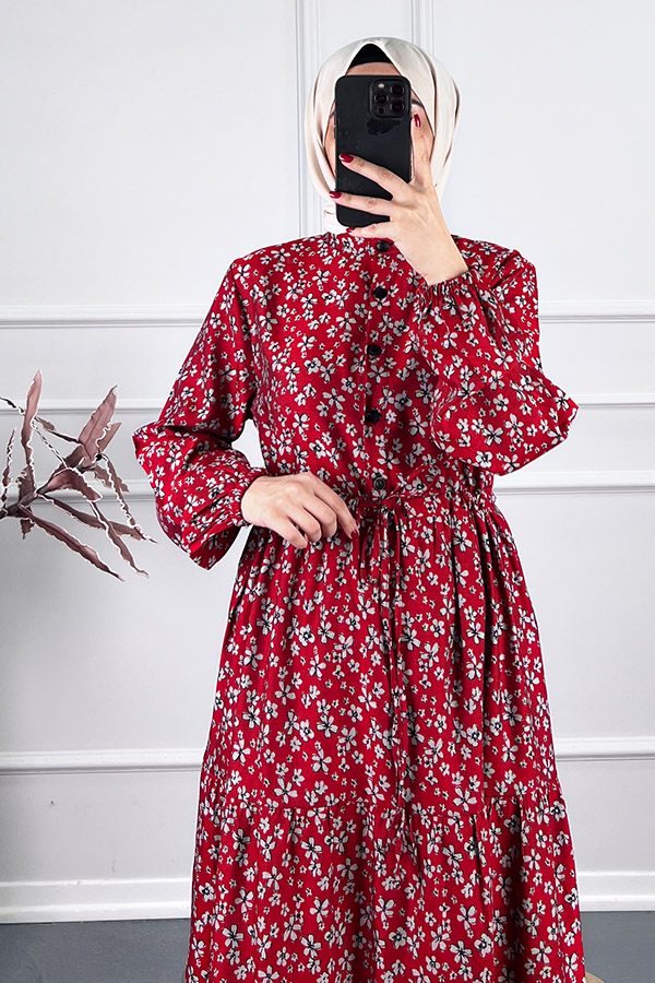 Düğmeli Kuşaklı Tensel Elbise - Kırmızı