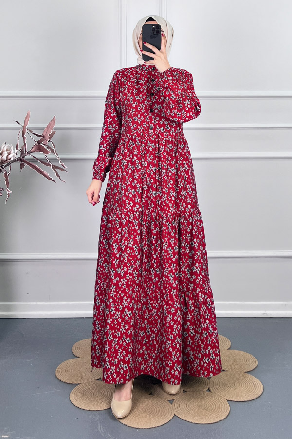 Düğmeli Kuşaklı Tensel Elbise - Kırmızı
