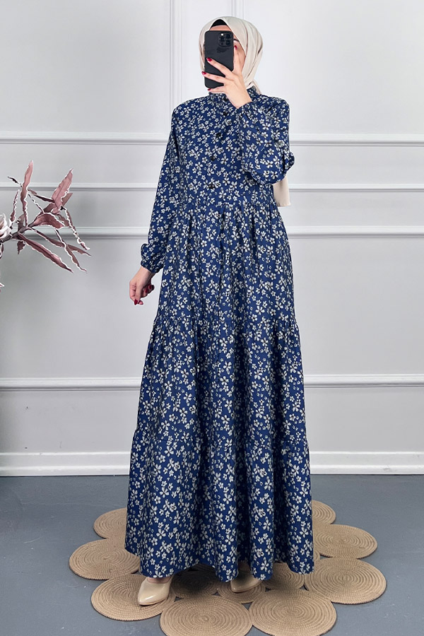 Düğmeli Kuşaklı Tensel Elbise - Lacivert