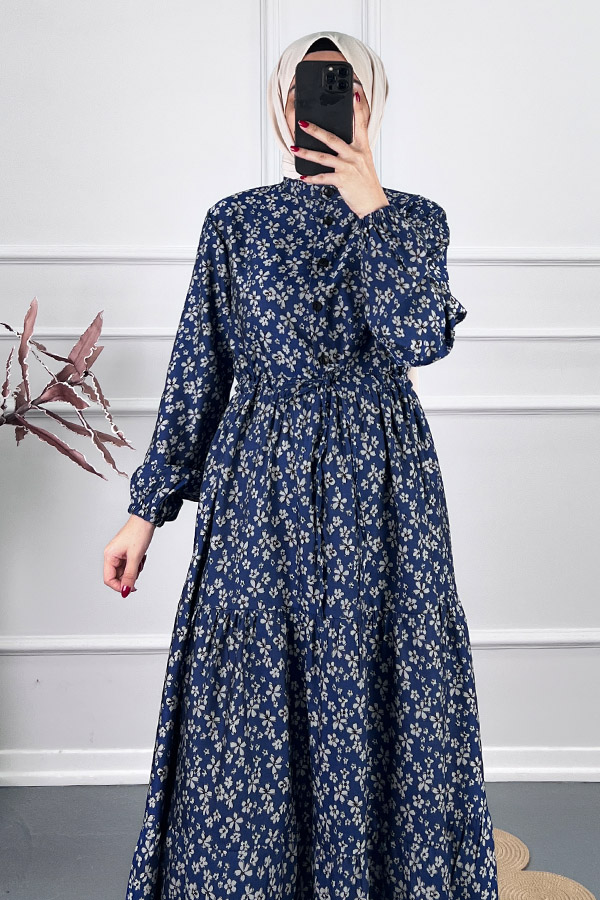 Düğmeli Kuşaklı Tensel Elbise - Lacivert