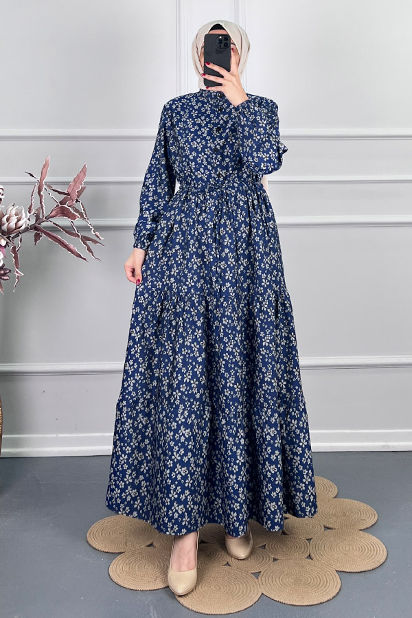 Düğmeli Kuşaklı Tensel Elbise - Lacivert