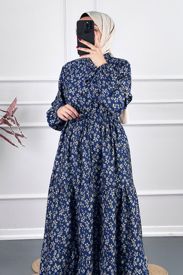 Düğmeli Kuşaklı Tensel Elbise - Lacivert