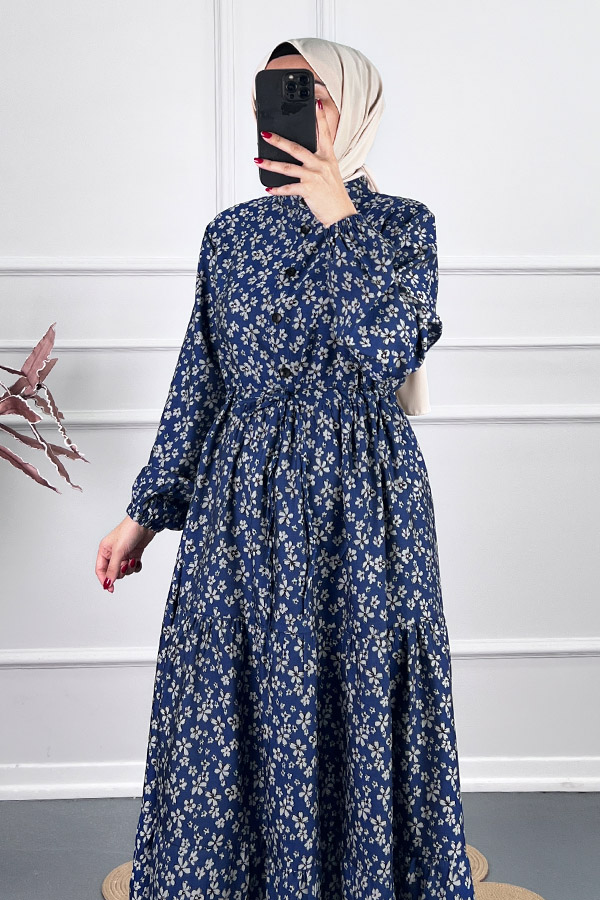 Düğmeli Kuşaklı Tensel Elbise - Lacivert