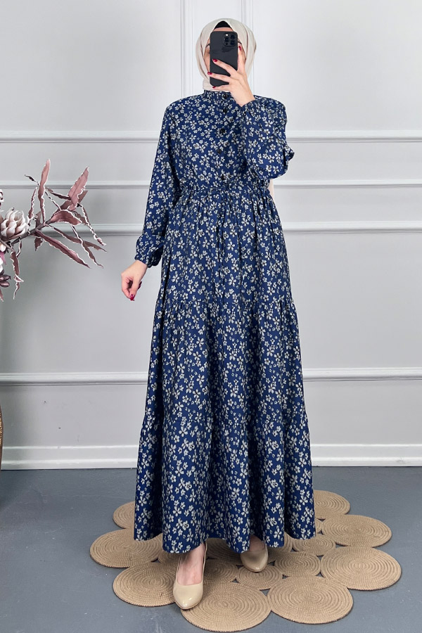 Düğmeli Kuşaklı Tensel Elbise - Lacivert