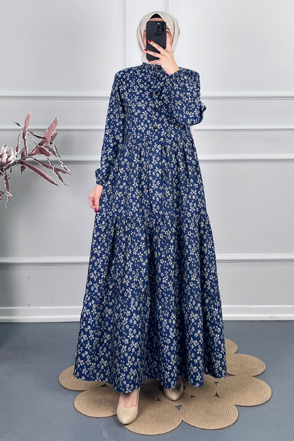 Düğmeli Kuşaklı Tensel Elbise - Lacivert