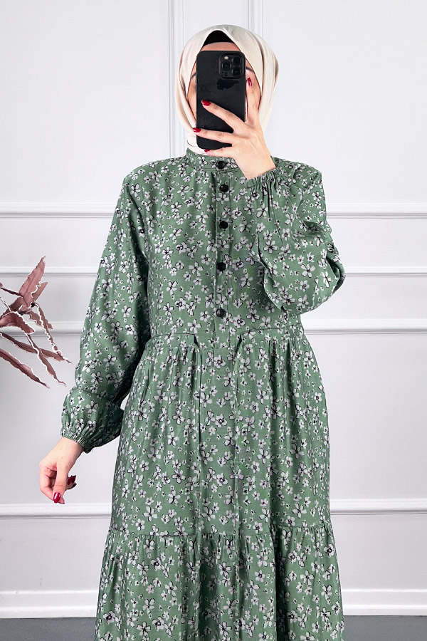 Düğmeli Kuşaklı Tensel Elbise - Yeşil