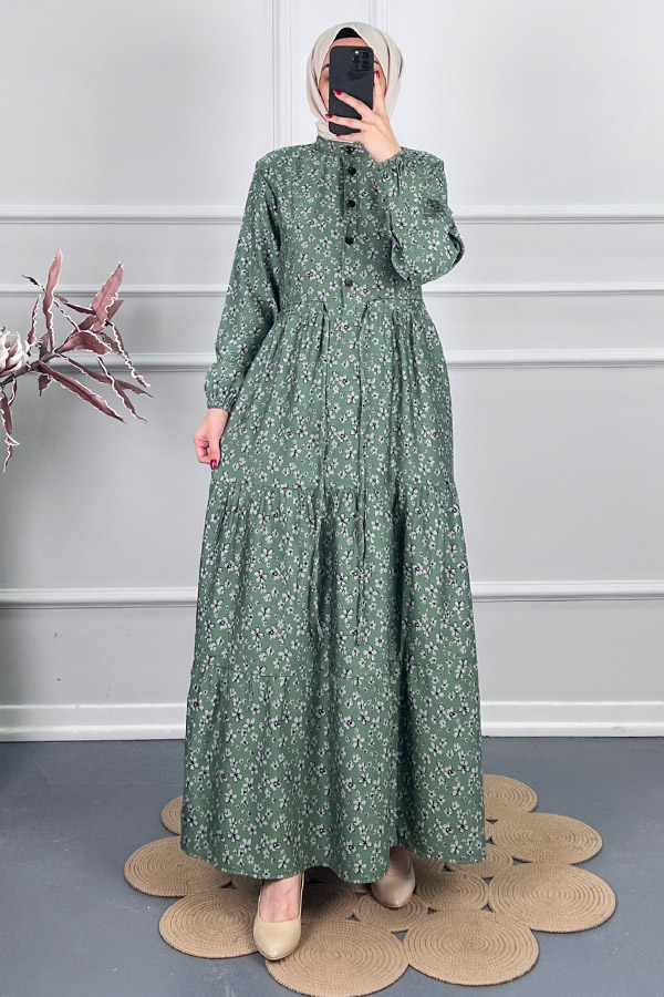 Düğmeli Kuşaklı Tensel Elbise - Yeşil