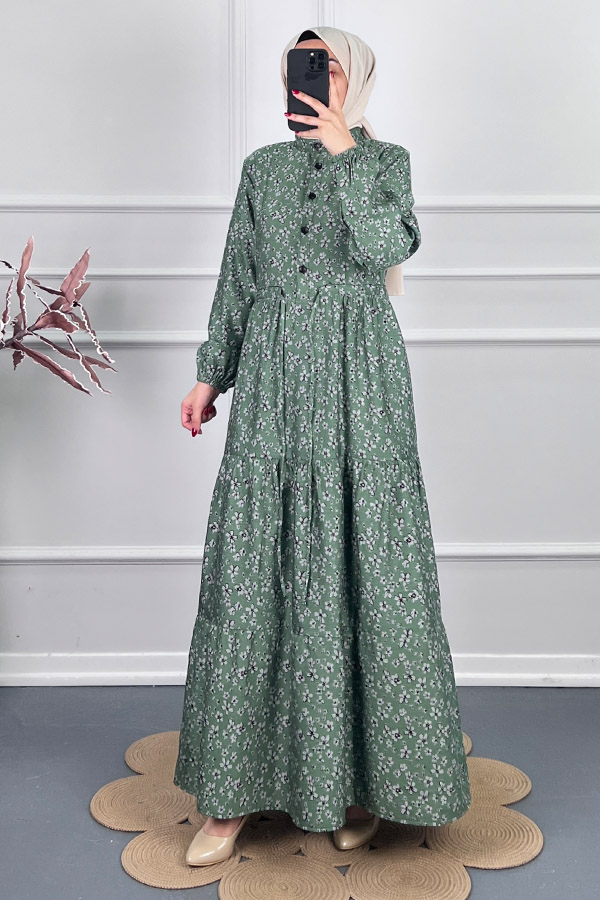 Düğmeli Kuşaklı Tensel Elbise - Yeşil