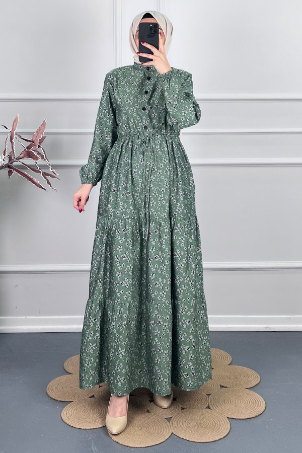 Düğmeli Kuşaklı Tensel Elbise - Yeşil