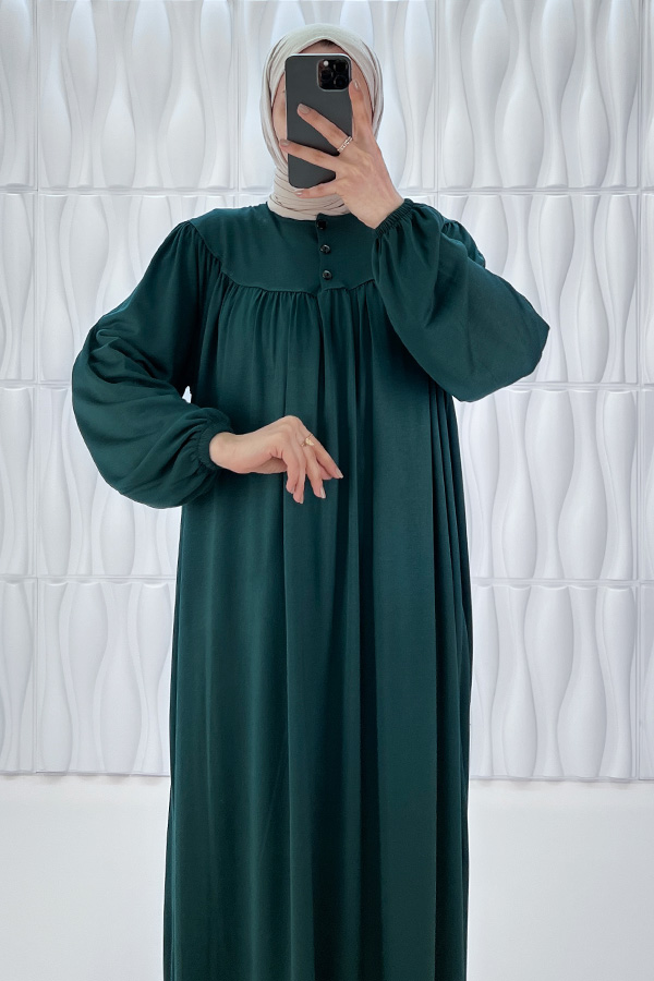 Düğmeli Robadan Elbise - Çam Yeşili