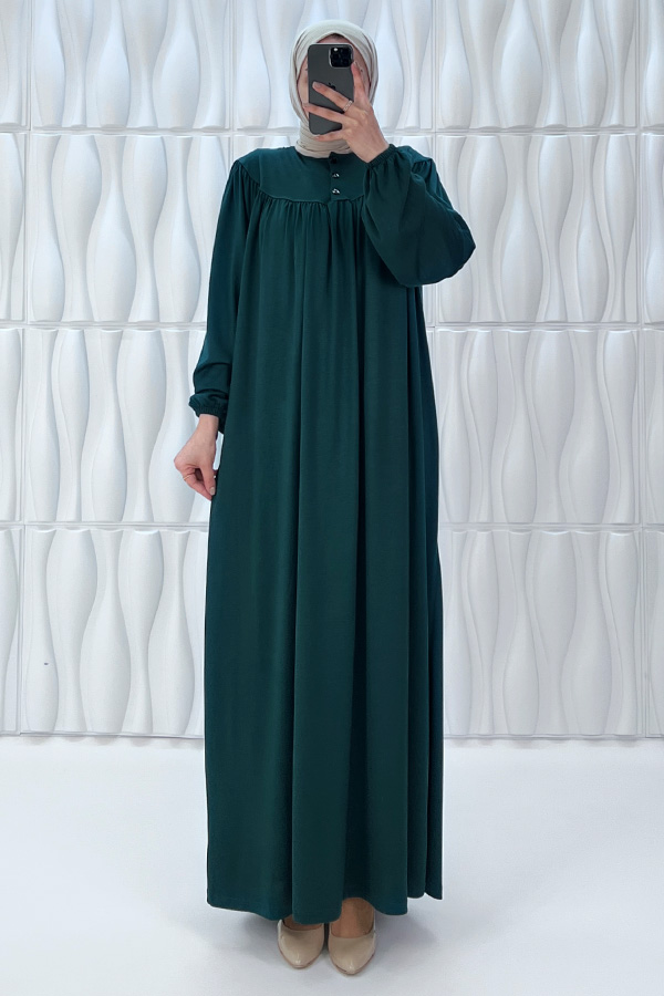 Düğmeli Robadan Elbise - Çam Yeşili