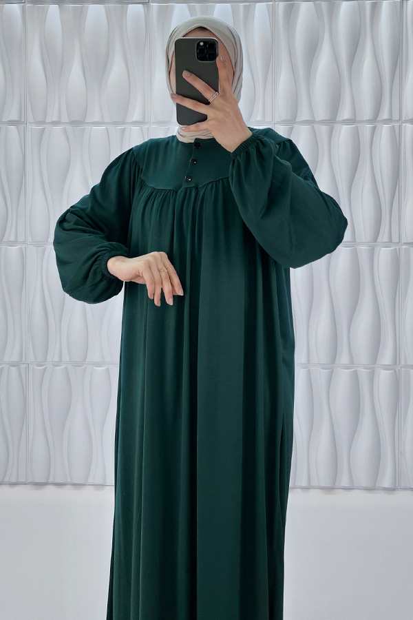 Düğmeli Robadan Elbise - Çam Yeşili