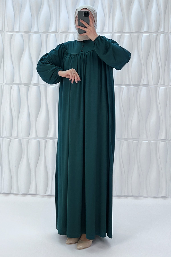Düğmeli Robadan Elbise - Çam Yeşili