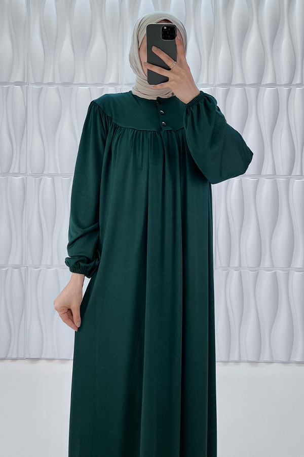 Düğmeli Robadan Elbise - Çam Yeşili