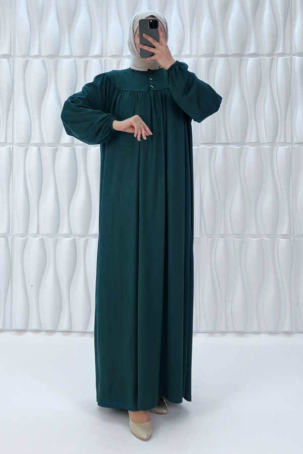 Düğmeli Robadan Elbise - Çam Yeşili