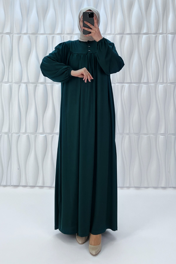 Düğmeli Robadan Elbise - Çam Yeşili