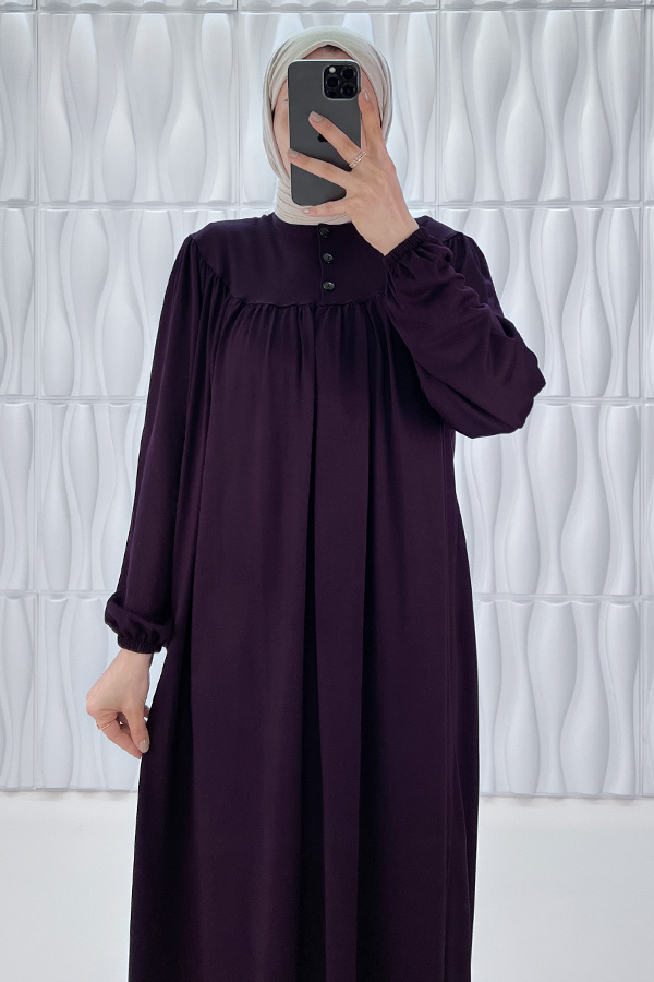 Düğmeli Robadan Elbise - Mürdüm