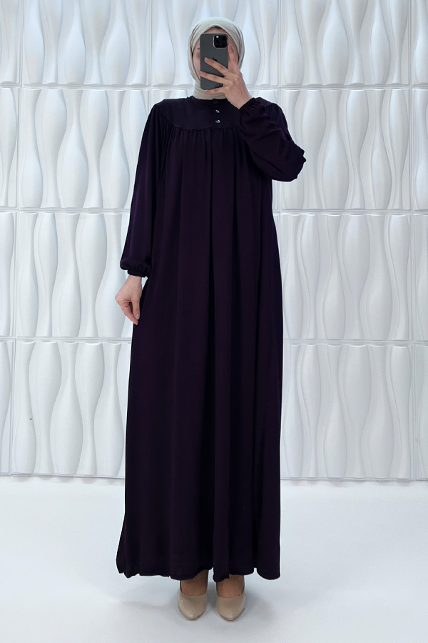 Düğmeli Robadan Elbise - Mürdüm