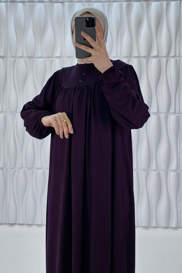 Düğmeli Robadan Elbise - Mürdüm