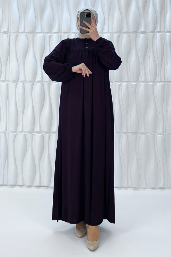 Düğmeli Robadan Elbise - Mürdüm