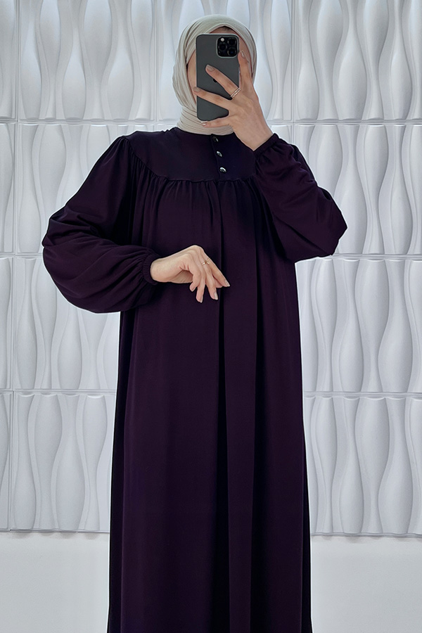 Düğmeli Robadan Elbise - Mürdüm