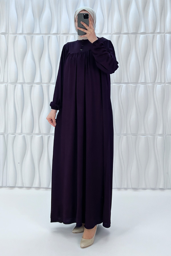 Düğmeli Robadan Elbise - Mürdüm