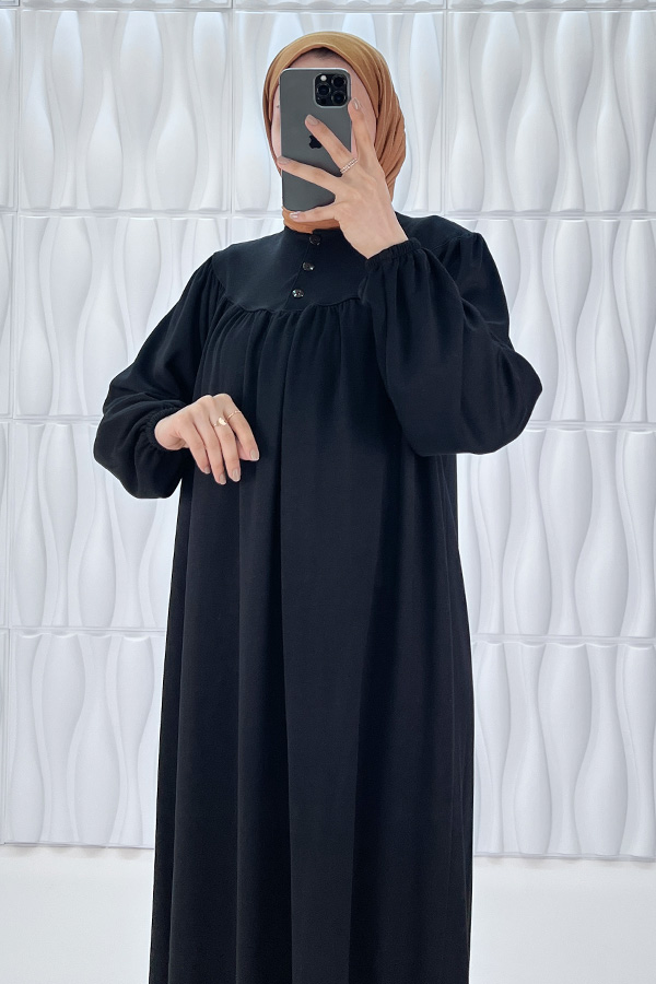 Düğmeli Robadan Elbise - Siyah
