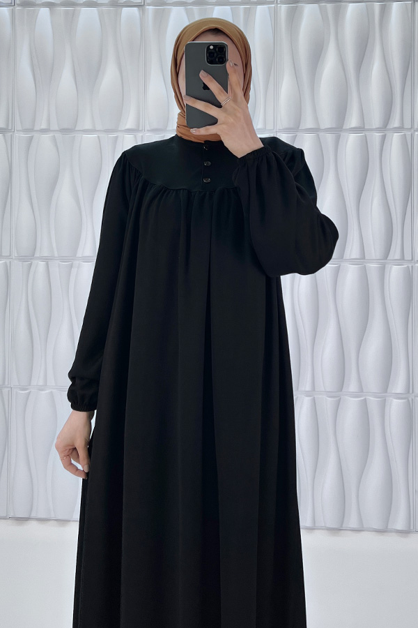 Düğmeli Robadan Elbise - Siyah
